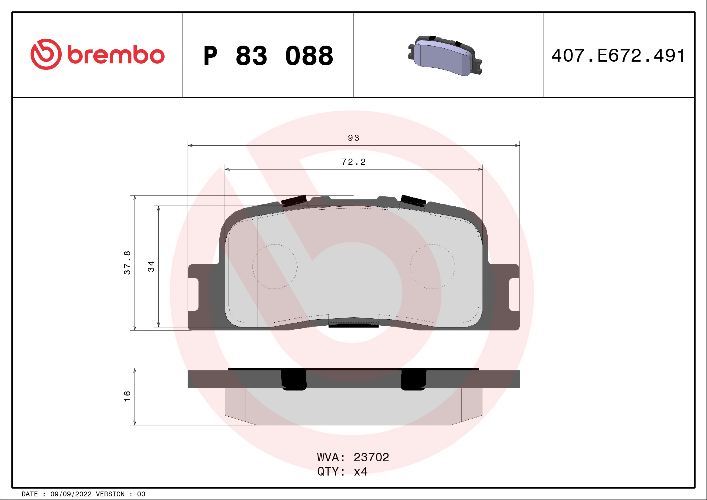 A.B.S. P 83 088 BREMBO Bremsbelagsatz, Scheibenbremse